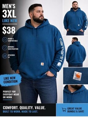 Carhartt Men's Teal Blue Pullover Hoodie with Sleeve Logo